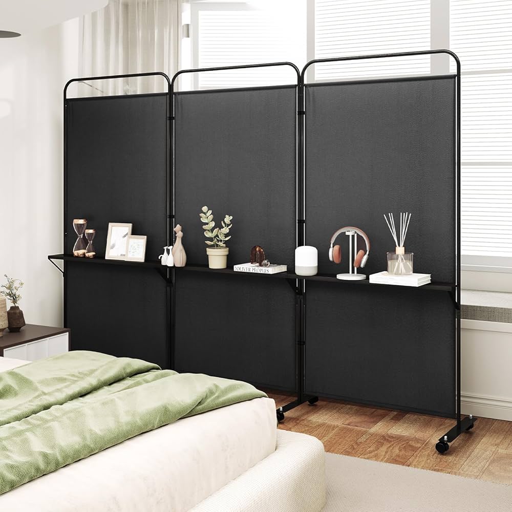188cm Rolling 3-Panel Room Divider with 3 Shelves – 3 Colours