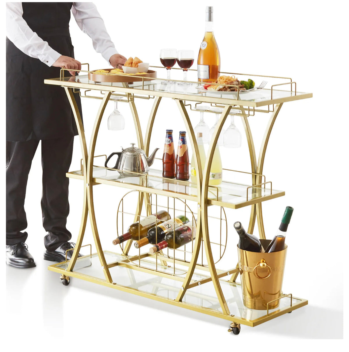 111 cm Gold 3-Tier Bar Cart with 9-Bottle Rack