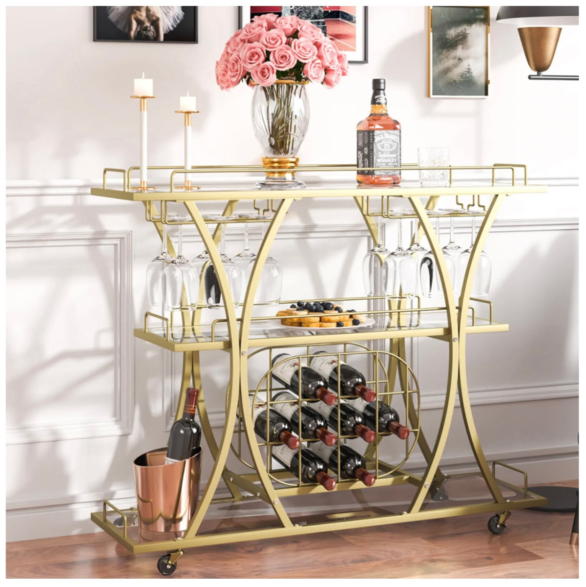 111 cm Gold 3-Tier Bar Cart with 9-Bottle Rack