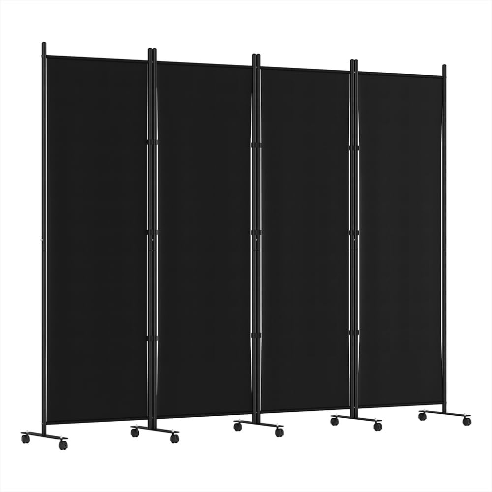 6-Panel Black Rolling Fabric Room Divider with 10 Lockable Wheels