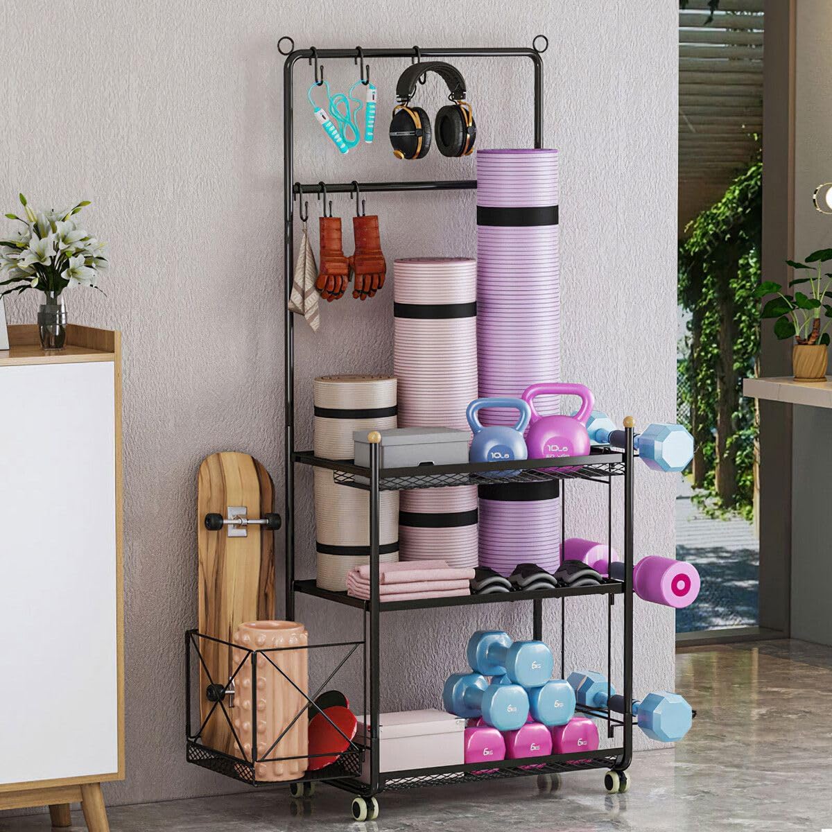 Yoga Mat Storage Rack Weight Dumbbell Kettlebell Shelves Shelf Garage Racking Holder Steel Stand Gym Organizer with Hooks Wheels