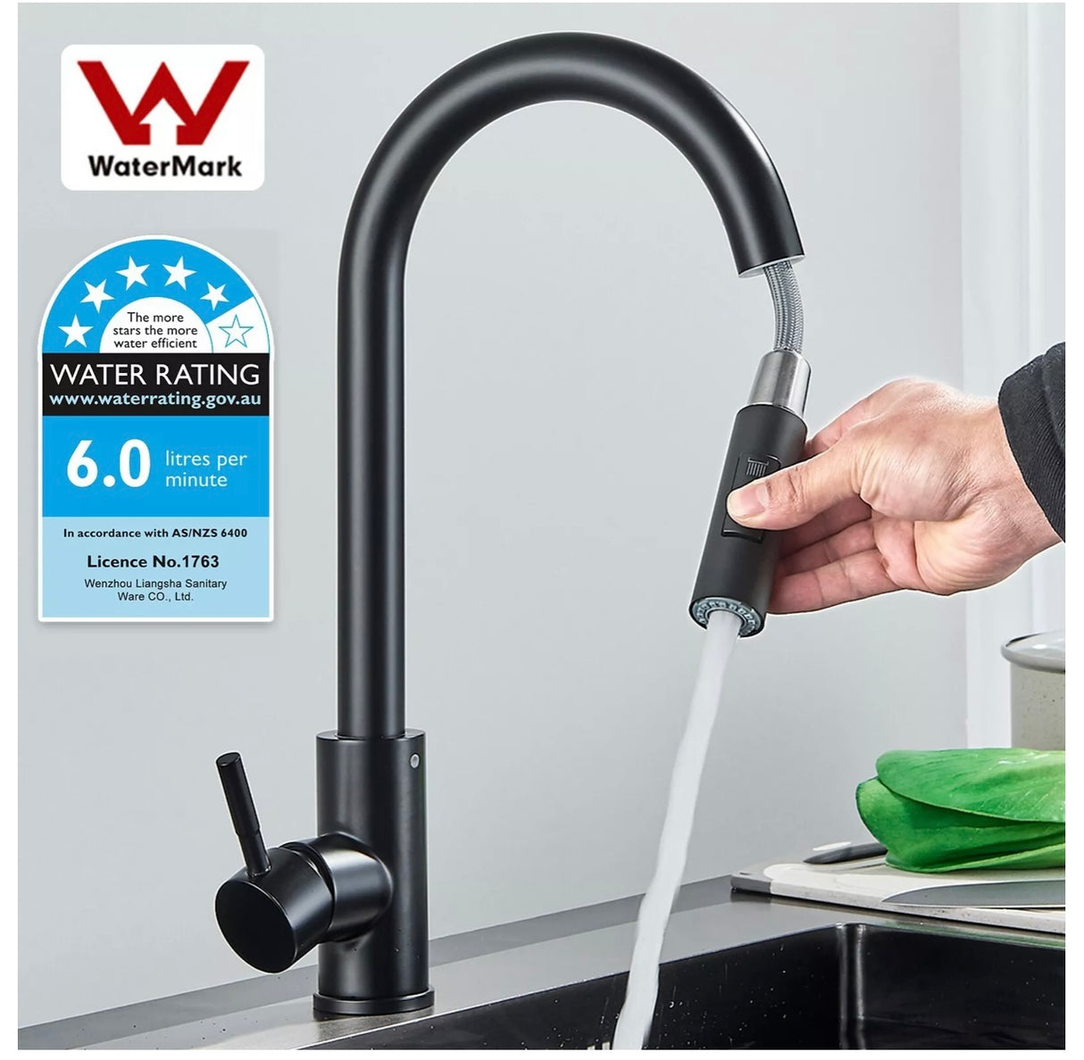 Solid Brass WELS Kitchen Mixer Tap Sink Pull-Out Faucet 360° Swivel Spout Black
