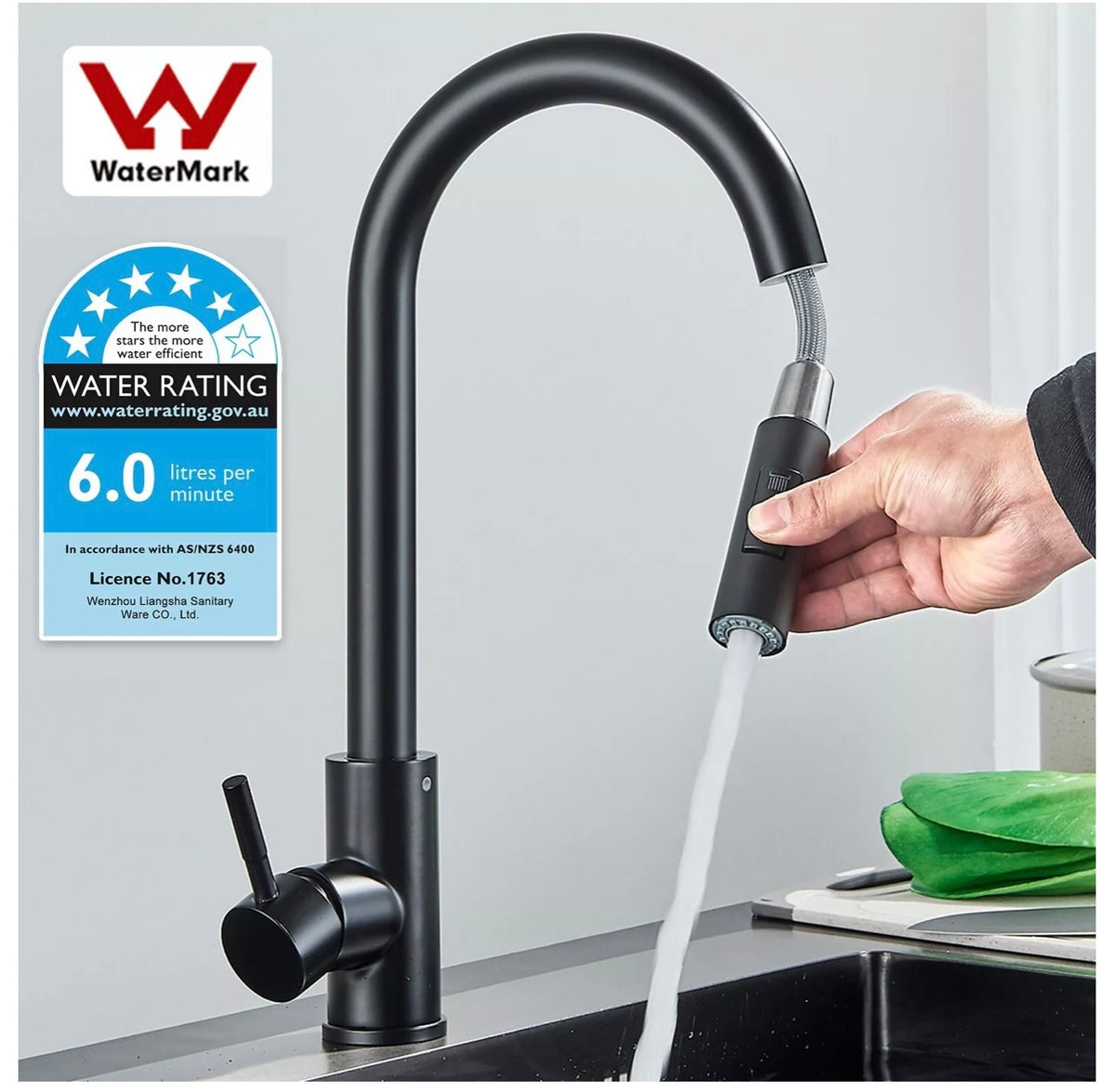 Solid Brass WELS Kitchen Mixer Tap Sink Pull-Out Faucet 360° Swivel Spout Black