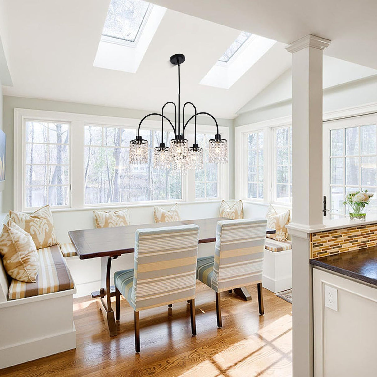 6 Lights Crystal Chandeliers, Black Farmhouse Chandelier, Metal Industrial Pendant Lighting, Semi Flush Mount Chandelier Ceiling Lamp for Dining Room Bedroom Kitchen, E27 Base