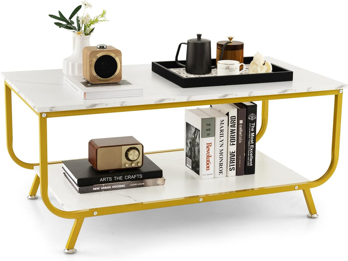 2-Tier Faux-Marble Coffee Table with Metal Frame