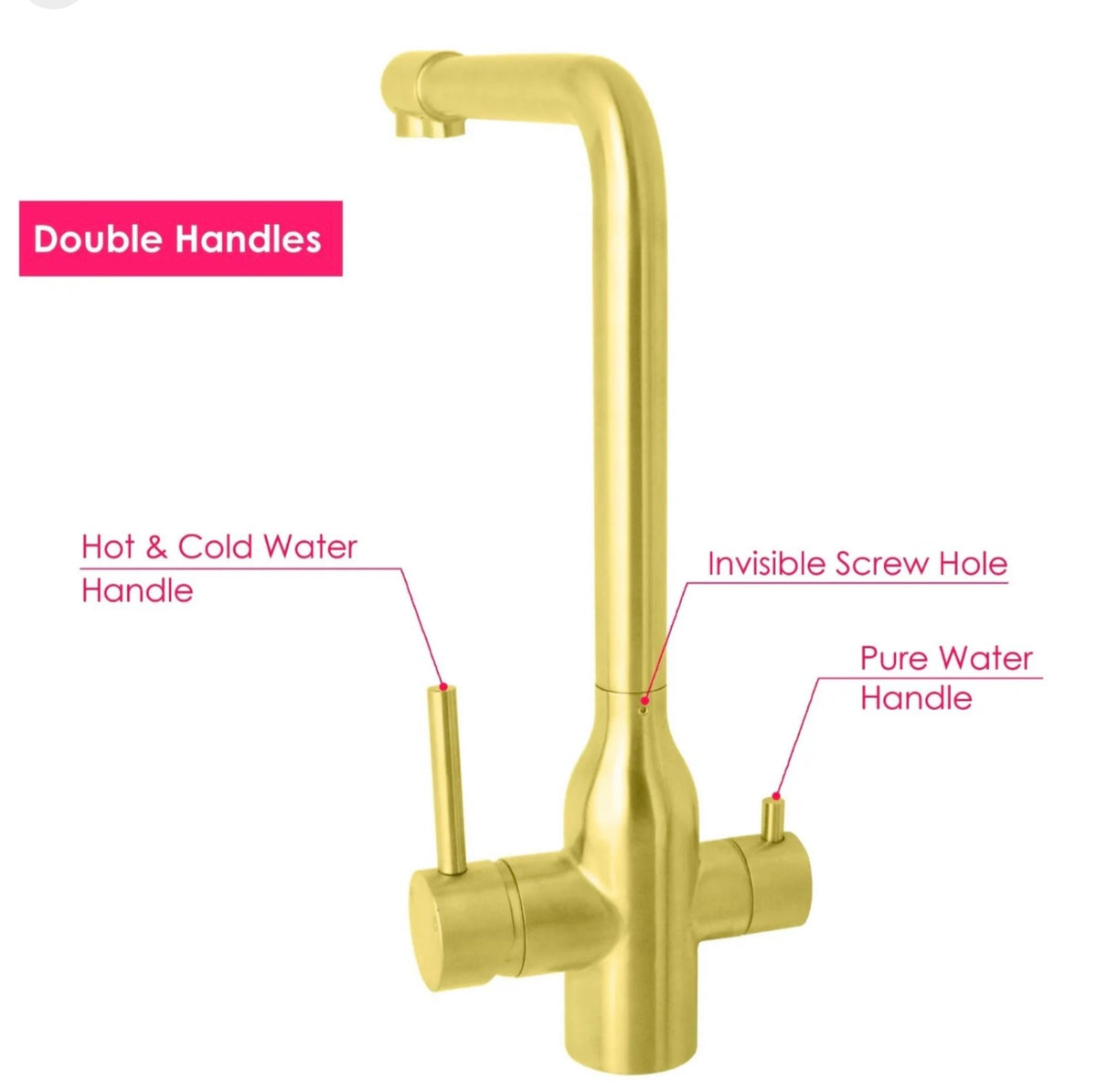 Brushed Gold 3 Way Kitchen Mixer Pure Drinking Water Sink Tap Swivel Spout WELS