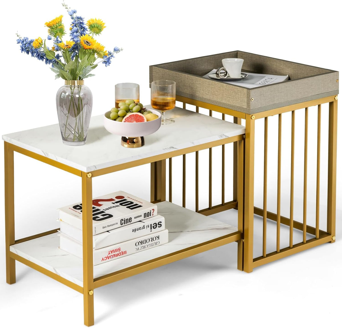 Faux-Marble Nesting Tables with Tray Top – Set of 2