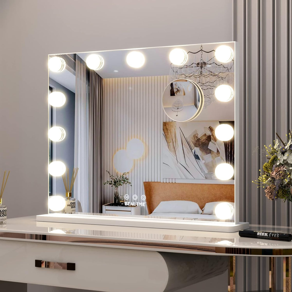 Vanity Mirror Hollywood Mirror with Lights,Led Makeup Mirror with Magnifying Mirror Bedroom Table Mirror/Wall Mounted Mirror Big Mirror (50.5x39.7cm, White)