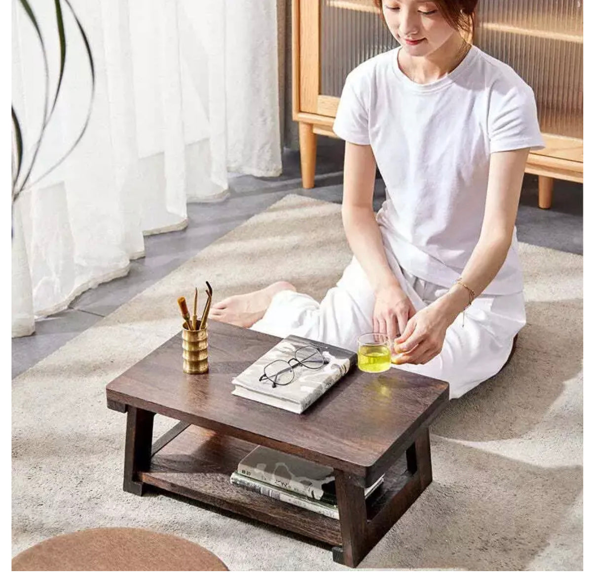 Adjustable Folding Solid-Wood Tatami Tea Table