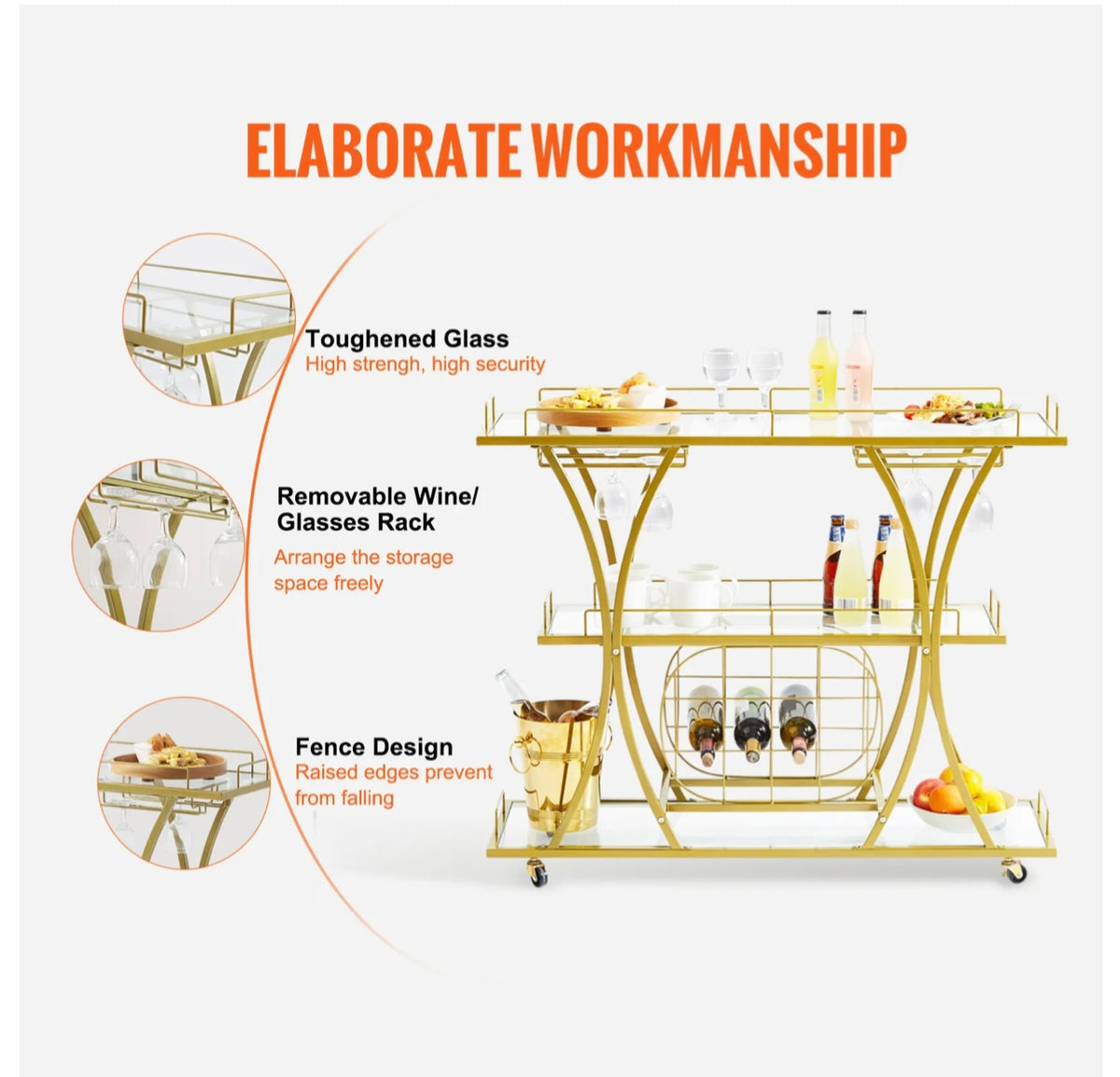 111 cm Gold 3-Tier Bar Cart with 9-Bottle Rack