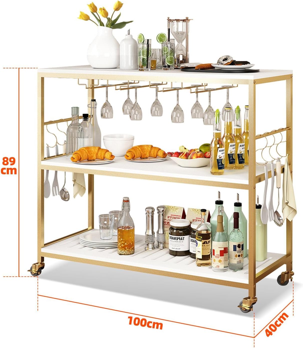 3-Tier Mobile Bar Cart with Glass Holder