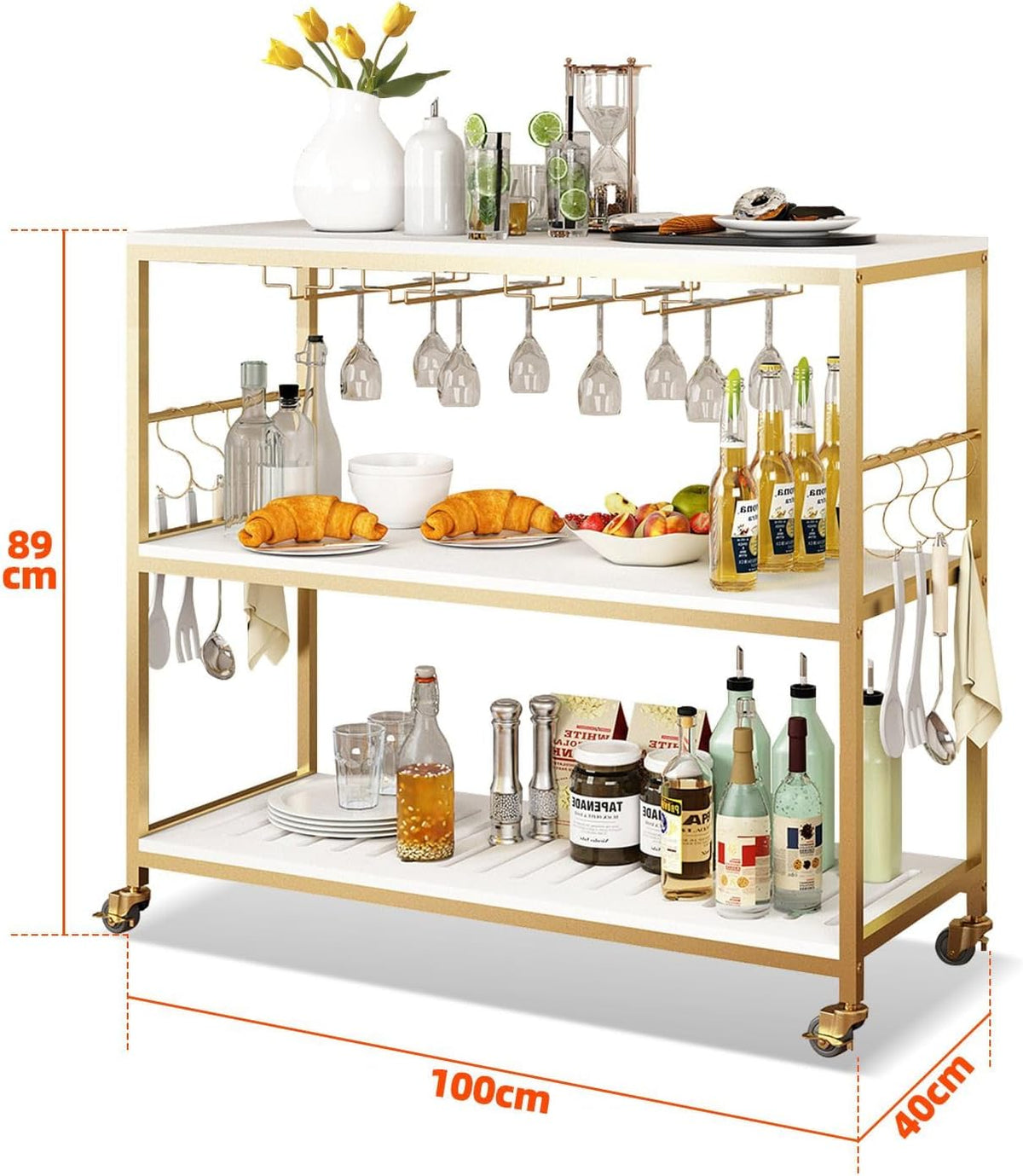 3-Tier Mobile Bar Cart with Glass Holder