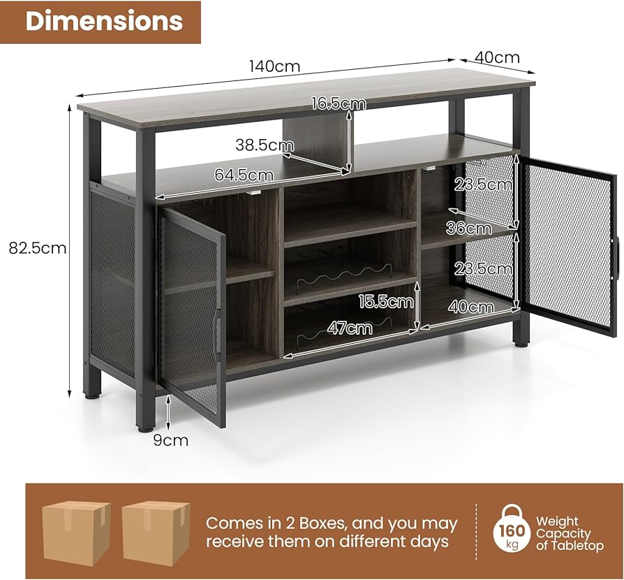 Wine Bar Cabinet, 55-Inch Buffet Sideboard with Wine Racks & Wine Glass Holders, Coffee Station Cabinet with Metal Mesh Doors, for Kitchen, Dining Room (Rustic Brown + Black)
