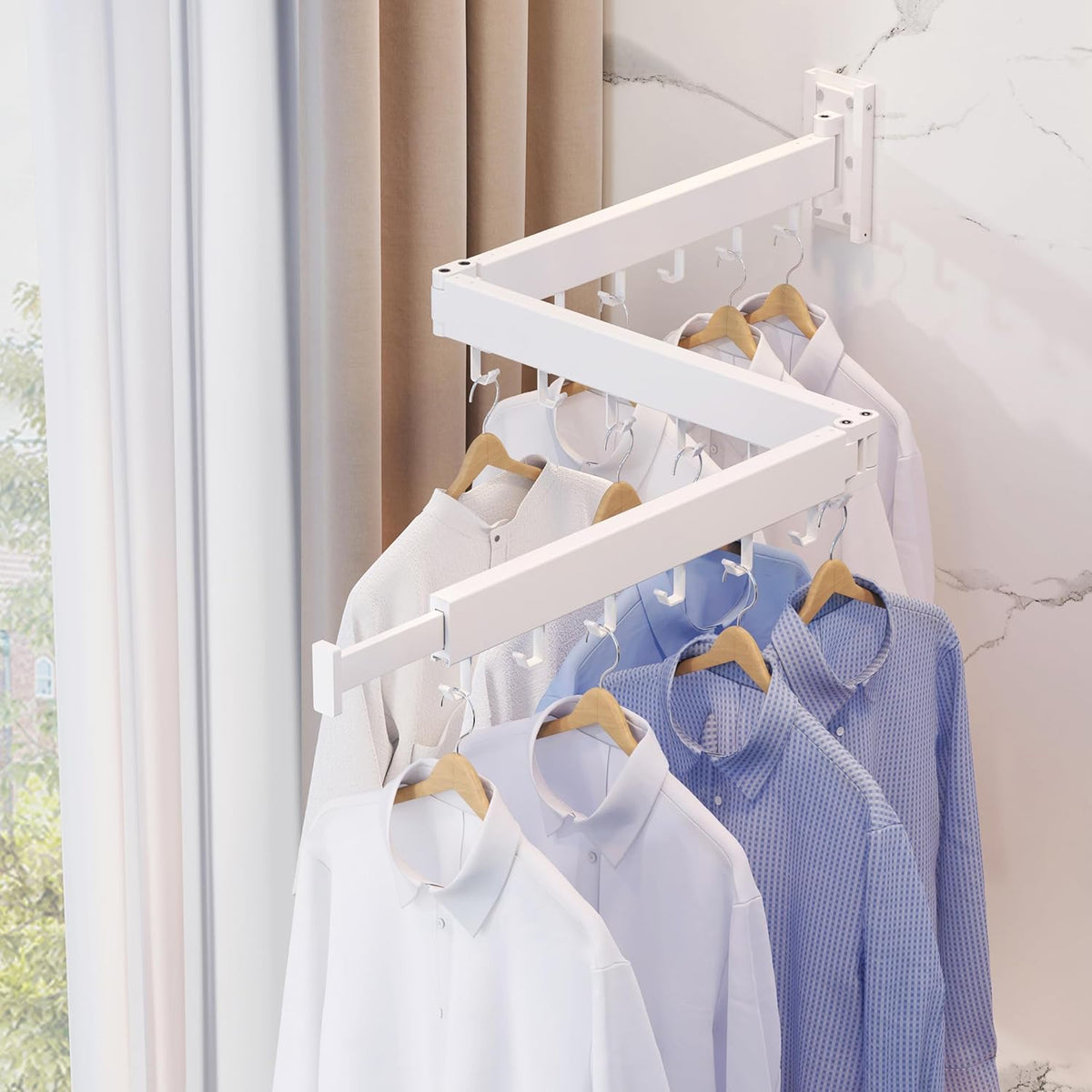 Tri-Fold Wall-Mounted Clothes-Drying Rack – White