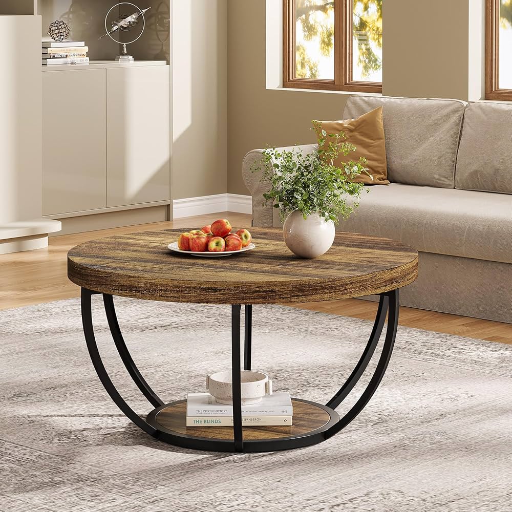 31.7" Round Coffee Table, Industrial 2-Tier Circle Coffee Table with Storage Shelves, Modern Wooden Accent Center Table Sofa Side Table for Living Room, Home Office, Wooden Grain