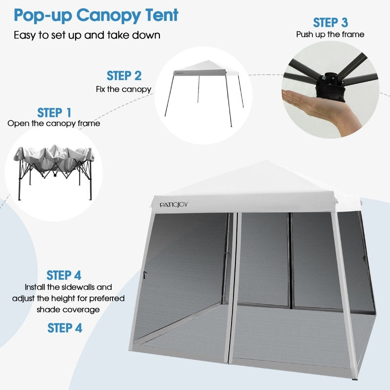 Adjustable White Pop-Up Canopy with Mesh Sidewalls