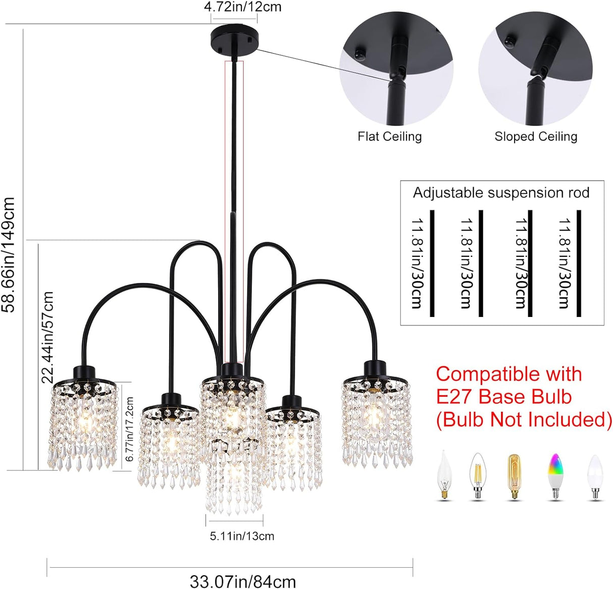 6 Lights Crystal Chandeliers, Black Farmhouse Chandelier, Metal Industrial Pendant Lighting, Semi Flush Mount Chandelier Ceiling Lamp for Dining Room Bedroom Kitchen, E27 Base