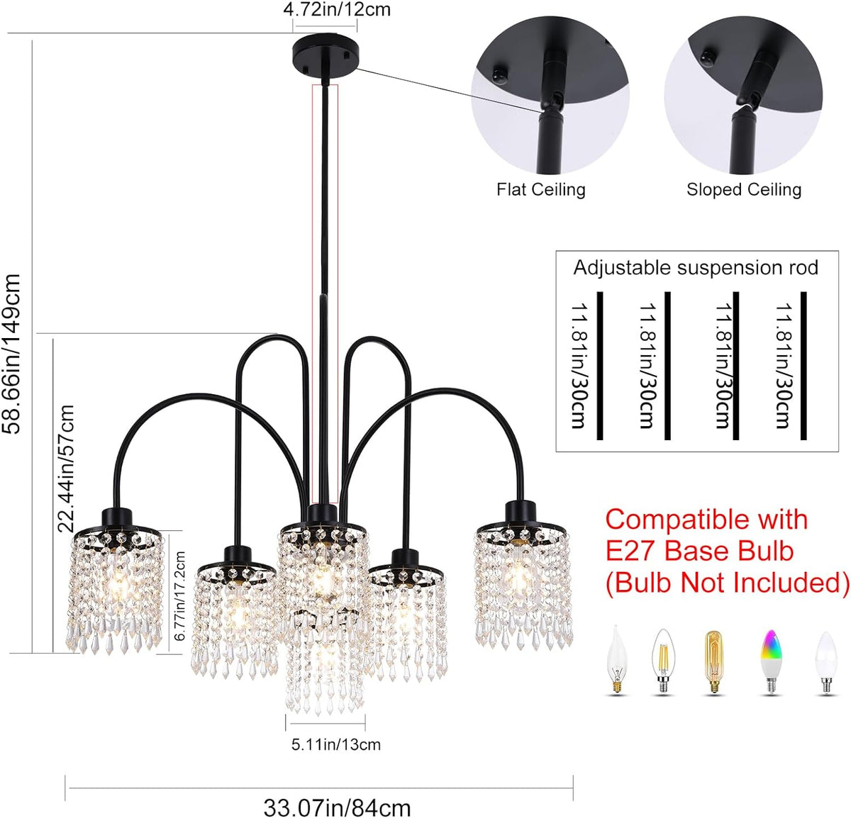 6 Lights Crystal Chandeliers, Black Farmhouse Chandelier, Metal Industrial Pendant Lighting, Semi Flush Mount Chandelier Ceiling Lamp for Dining Room Bedroom Kitchen, E27 Base