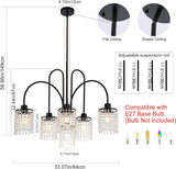 6 Lights Crystal Chandeliers, Black Farmhouse Chandelier, Metal Industrial Pendant Lighting, Semi Flush Mount Chandelier Ceiling Lamp for Dining Room Bedroom Kitchen, E27 Base