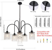 6 Lights Crystal Chandeliers, Black Farmhouse Chandelier, Metal Industrial Pendant Lighting, Semi Flush Mount Chandelier Ceiling Lamp for Dining Room Bedroom Kitchen, E27 Base