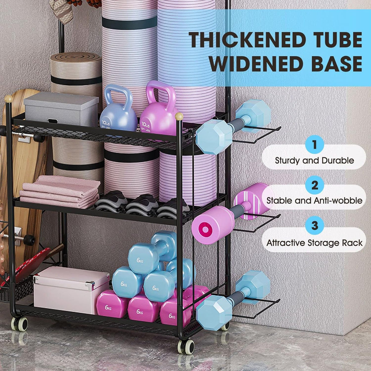 Rolling Home-Gym Storage Rack with Hooks
