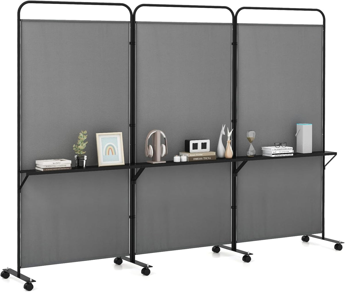 188cm Rolling 3-Panel Room Divider with 3 Shelves – 3 Colours