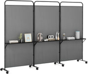 188cm Rolling 3-Panel Room Divider with 3 Shelves – 3 Colours
