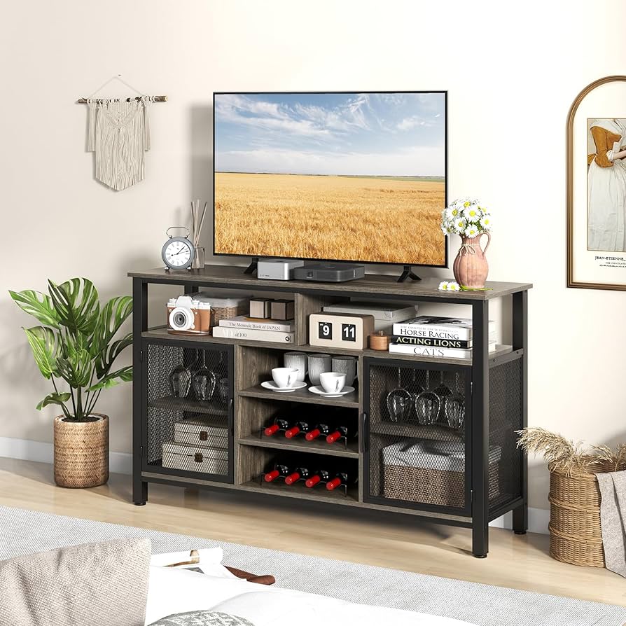 140 cm Rustic Wine Bar Cabinet with 8-Bottle Rack & Glass Holders
