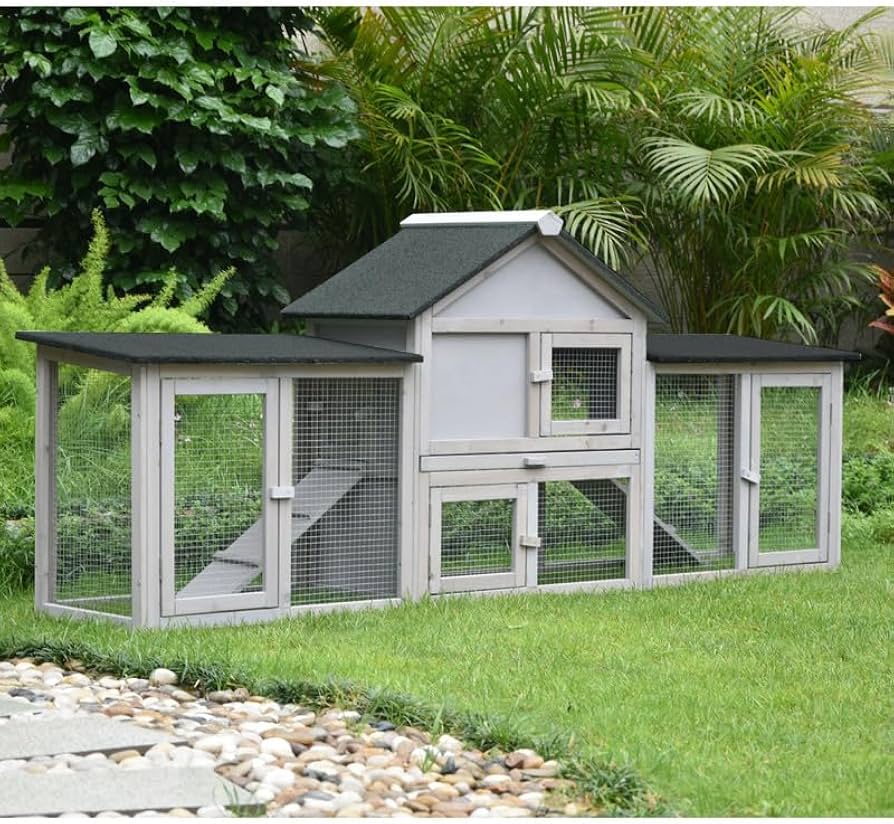Grey Wooden Rabbit Hutch with Double Run