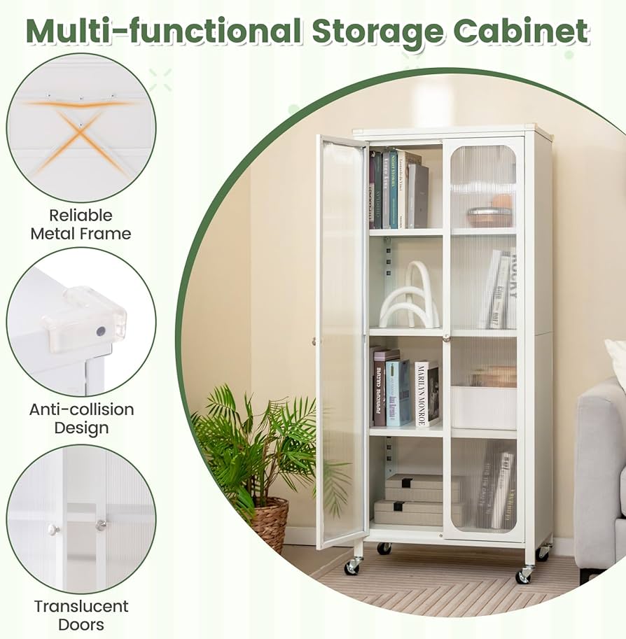Mobile Metal Storage Cabinet with Glass Doors & 2 Adjustable Shelves