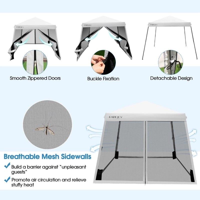 Adjustable White Pop-Up Canopy with Mesh Sidewalls