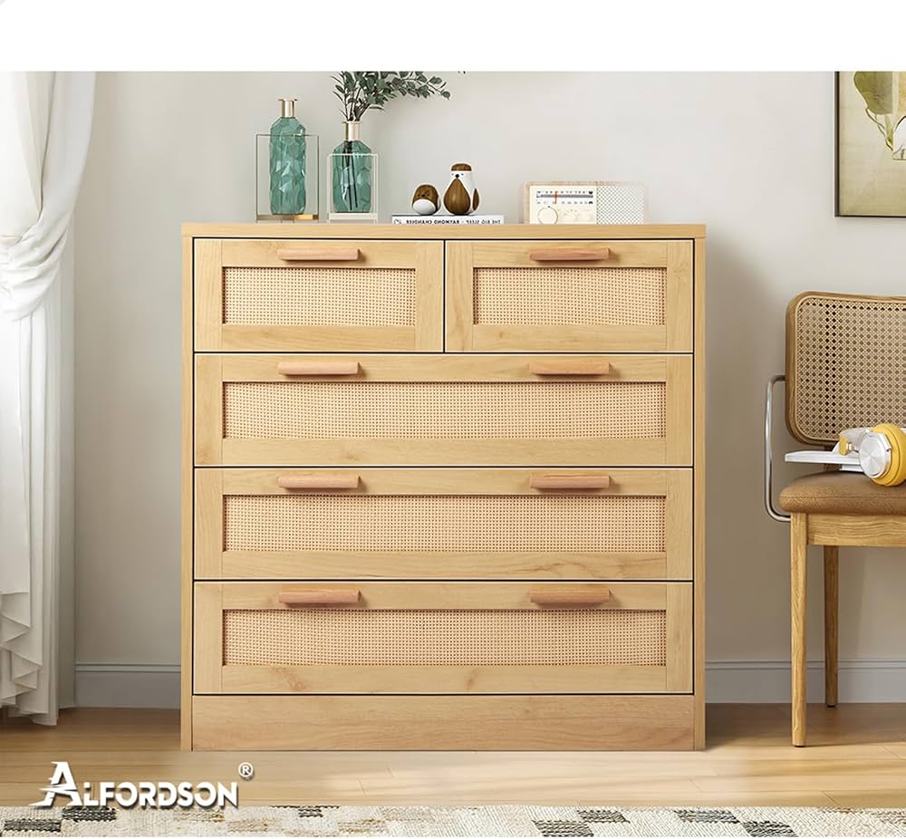Wood-Finish Rattan Tallboy with 5 Drawers