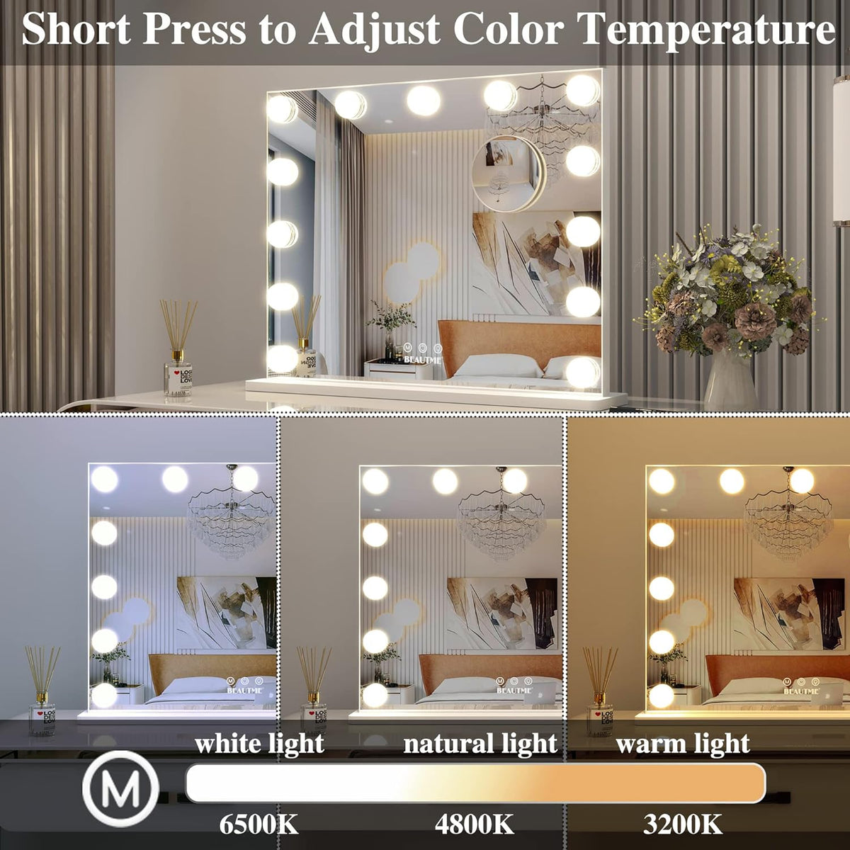 Vanity Mirror Hollywood Mirror with Lights,Led Makeup Mirror with Magnifying Mirror Bedroom Table Mirror/Wall Mounted Mirror Big Mirror (50.5x39.7cm, White)