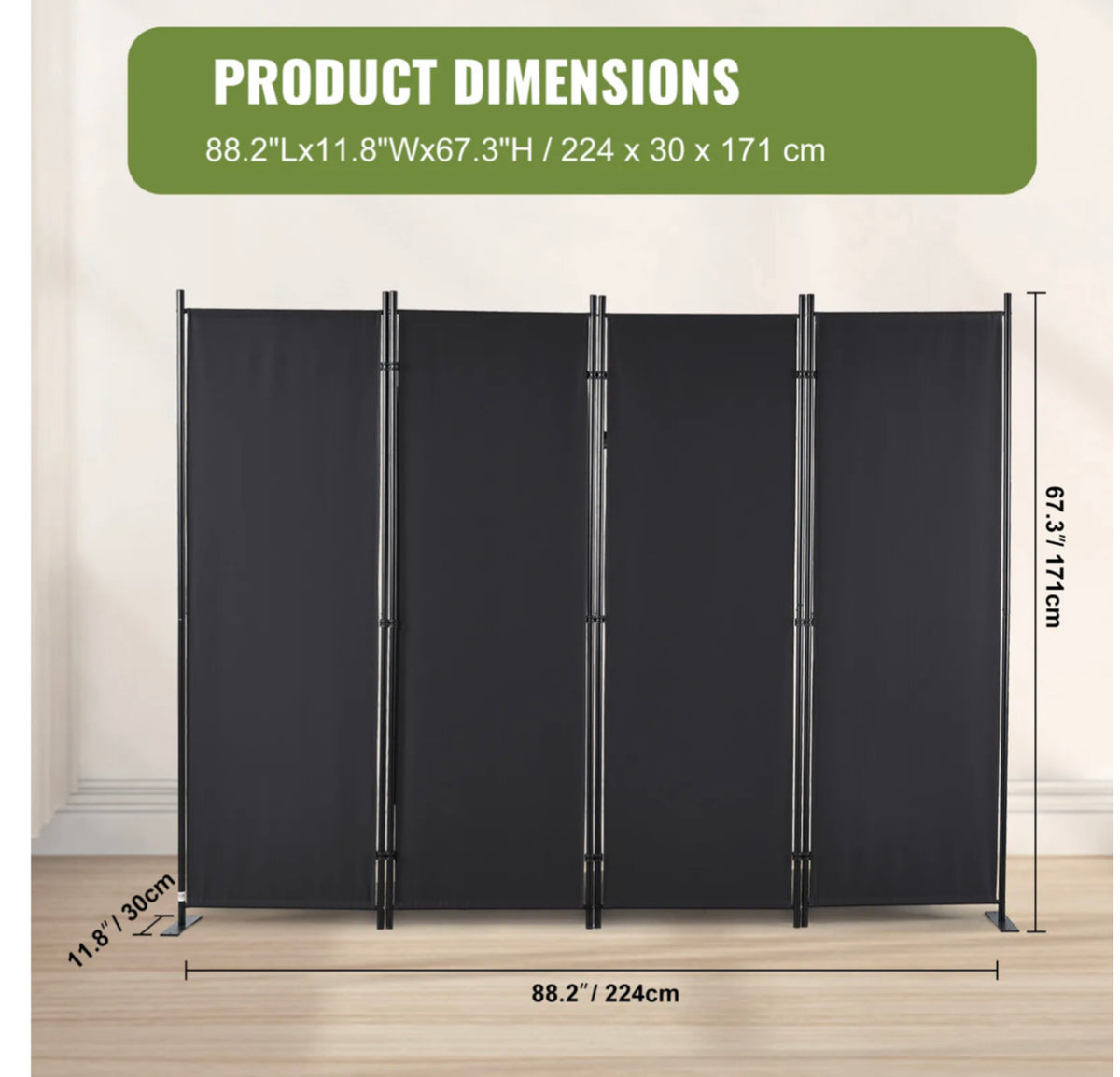 224 × 171 cm 4-Panel Folding Room Divider – Black or White