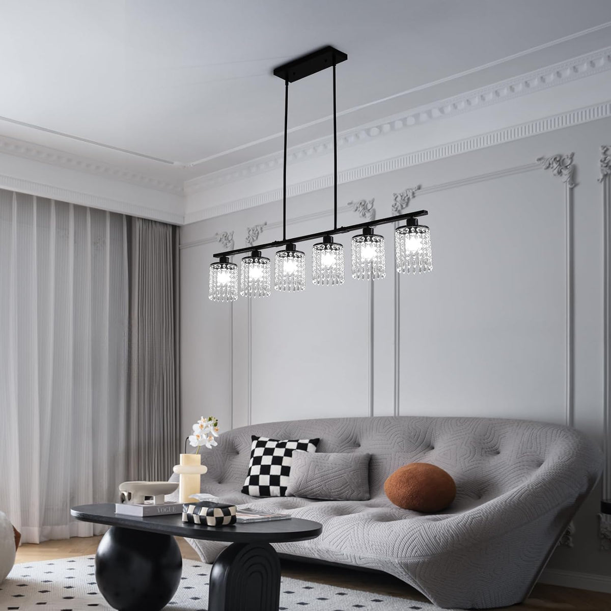 6-Light Farmhouse Kitchen Island Lighting, 48in Crystal Pendant Light Fixture, Vintage Black Linear Chandelier with Crystal Shade for Dining Room Living Room (E27 Bulbs, Not Included)