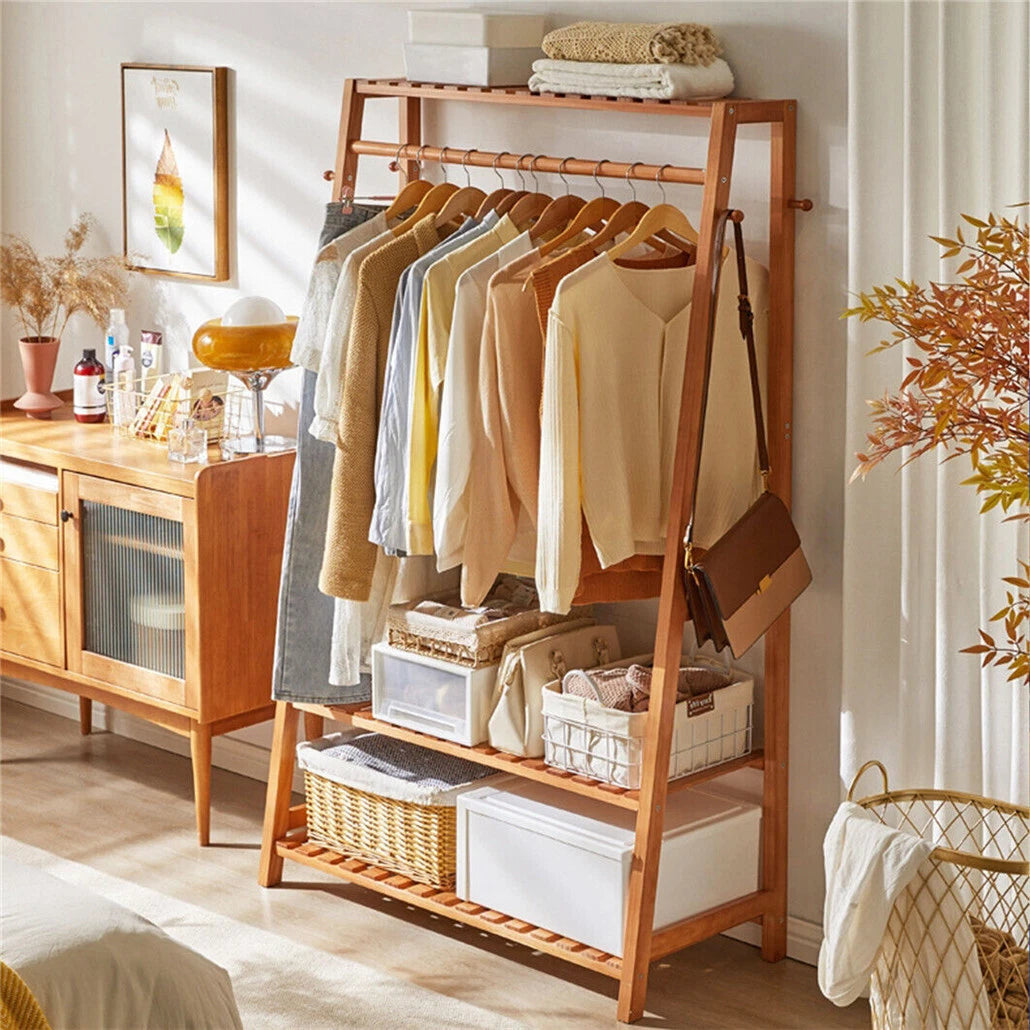 165cm Bamboo Garment Rack with 3 Shelves & 10 Hooks