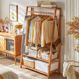 Bamboo Clothes Hanging Garment Rack Portable Laundry Rack Cloest Storage Shelves