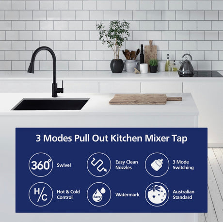 ACA Black 3 Modes Pull Out Kitchen Mixer Tap Laundry Sink Faucet Swivel