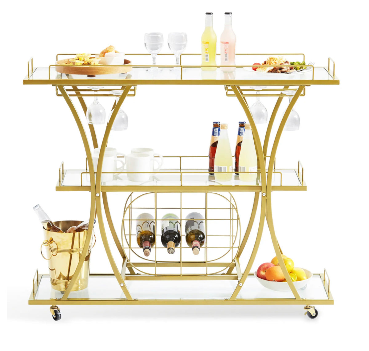 111 cm Gold 3-Tier Bar Cart with 9-Bottle Rack