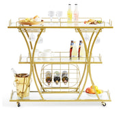 111 cm Gold 3-Tier Bar Cart with 9-Bottle Rack