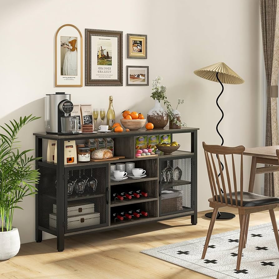 Wine Bar Cabinet, 55-Inch Buffet Sideboard with Wine Racks & Wine Glass Holders, Coffee Station Cabinet with Metal Mesh Doors, for Kitchen, Dining Room (Rustic Brown + Black)