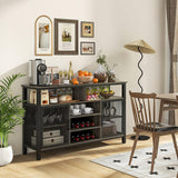 Wine Bar Cabinet, 55-Inch Buffet Sideboard with Wine Racks & Wine Glass Holders, Coffee Station Cabinet with Metal Mesh Doors, for Kitchen, Dining Room (Rustic Brown + Black)