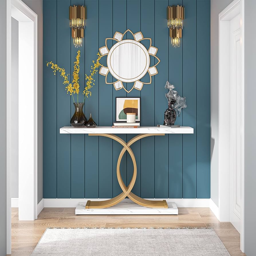 99 cm Gold & White Faux-Marble Console Table