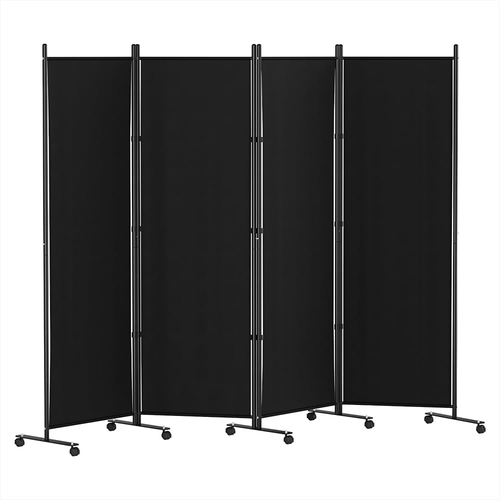 6-Panel Black Rolling Fabric Room Divider with 10 Lockable Wheels