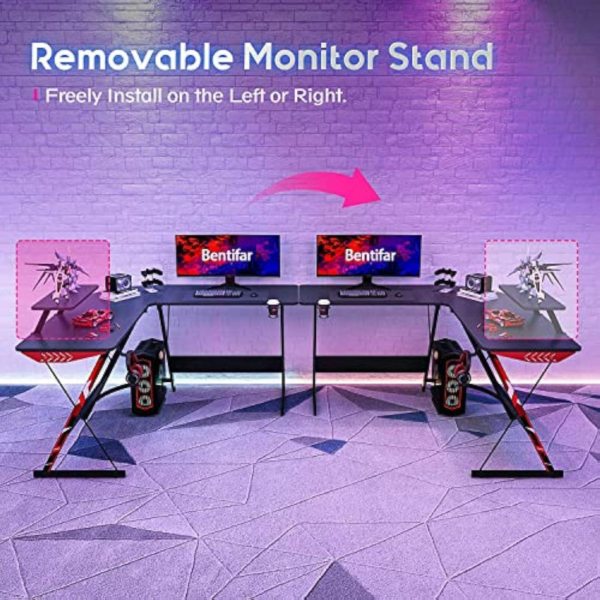 130 cm Carbon-Black L-Shaped Gaming Desk with Monitor Riser