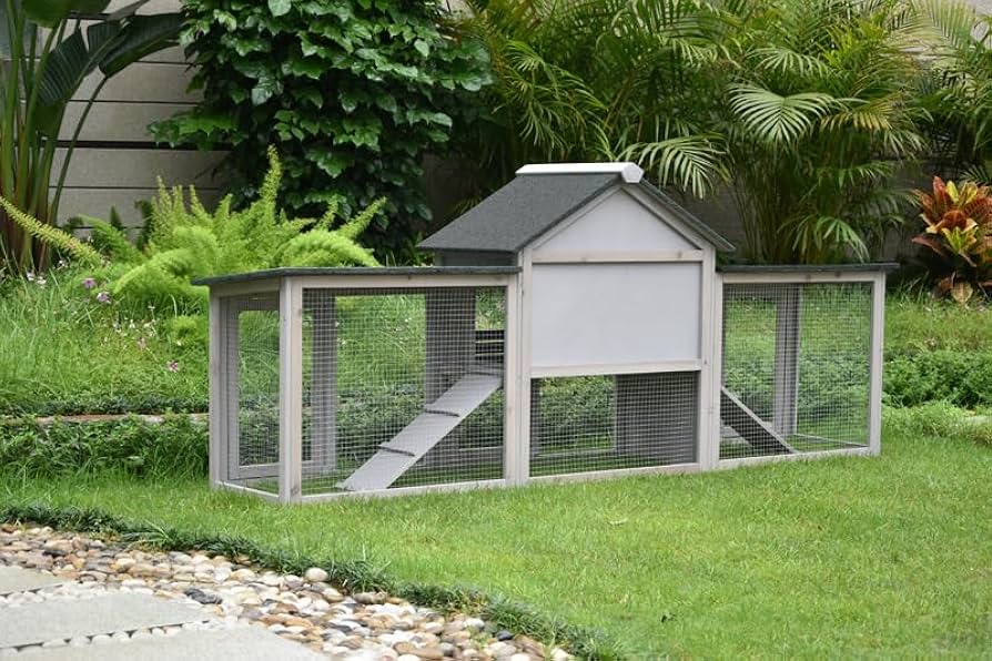 Grey Wooden Rabbit Hutch with Double Run