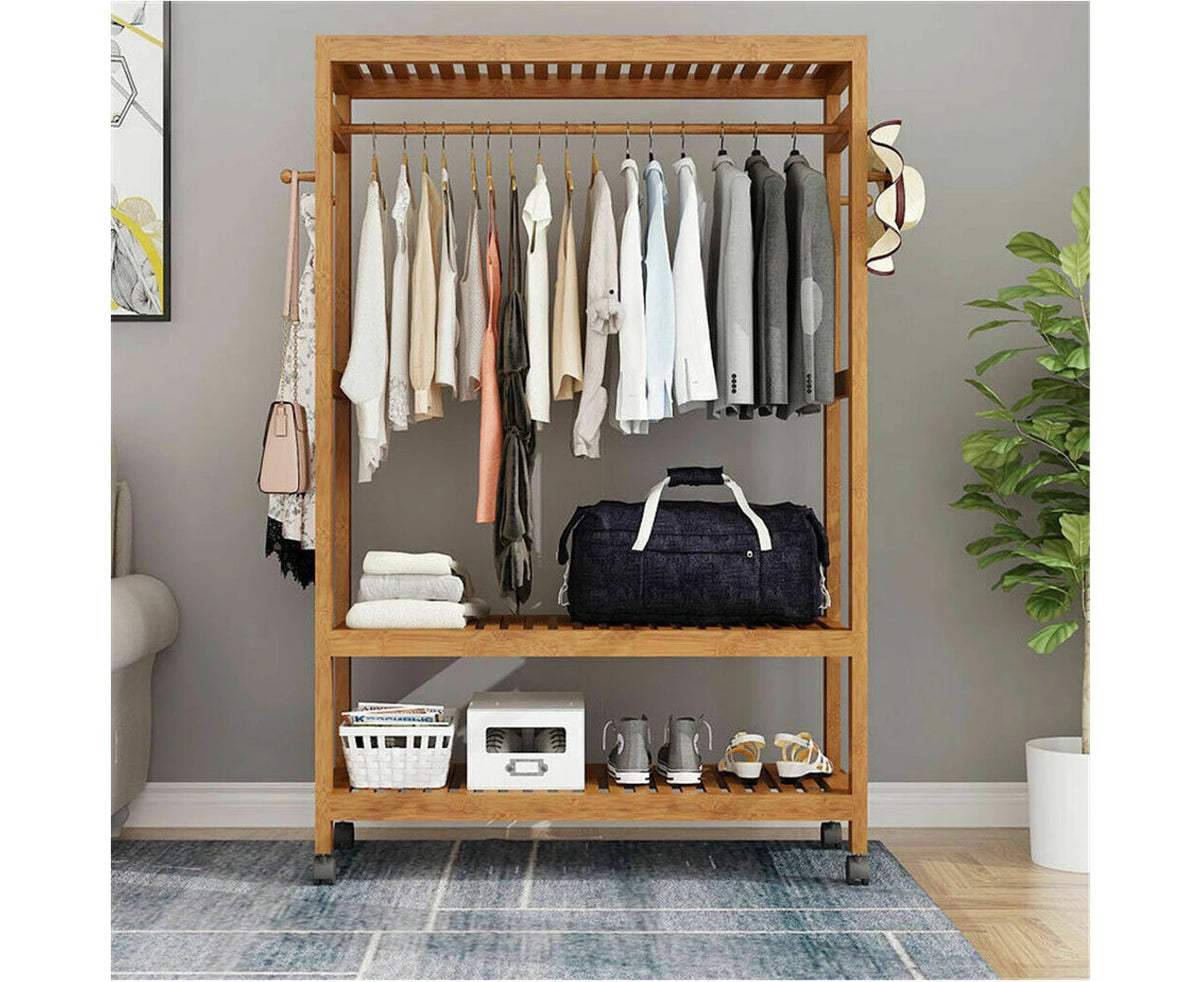Rolling 3-Tier Bamboo Garment Rack – 78 × 41 × 169cm