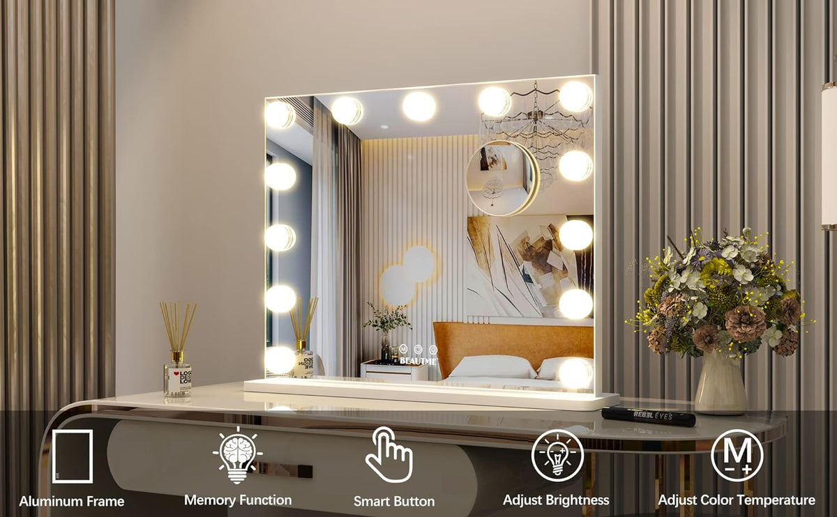 Vanity Mirror Hollywood Mirror with Lights,Led Makeup Mirror with Magnifying Mirror Bedroom Table Mirror/Wall Mounted Mirror Big Mirror (50.5x39.7cm, White)