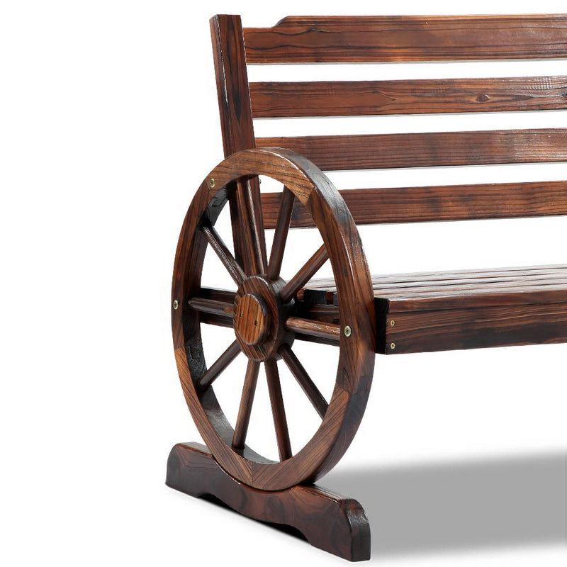 111 cm 2-Seat Fir-Wood Garden Bench with Wagon-Wheel Arms