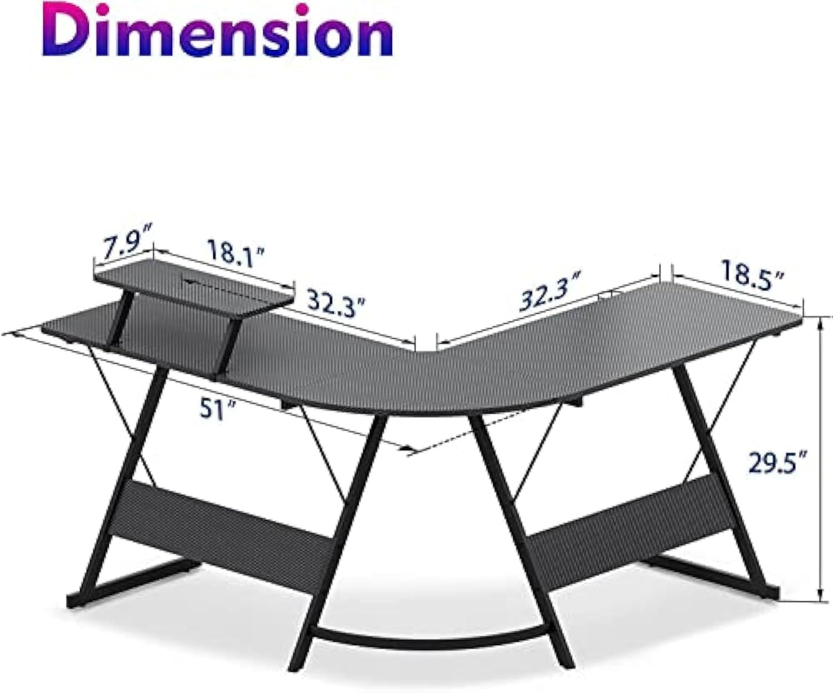 130 cm Carbon-Black L-Shaped Gaming Desk with Monitor Riser